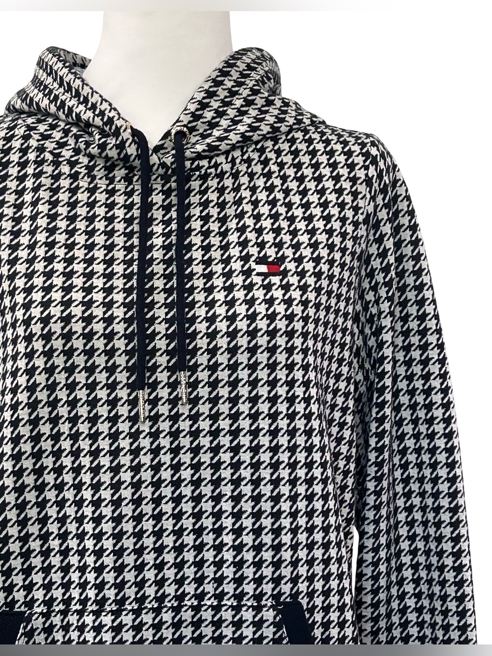 Tommy Hilfiger Houndstooth Hoodie Dress Black White Logo Pocket Medium - Picture 4 of 13
